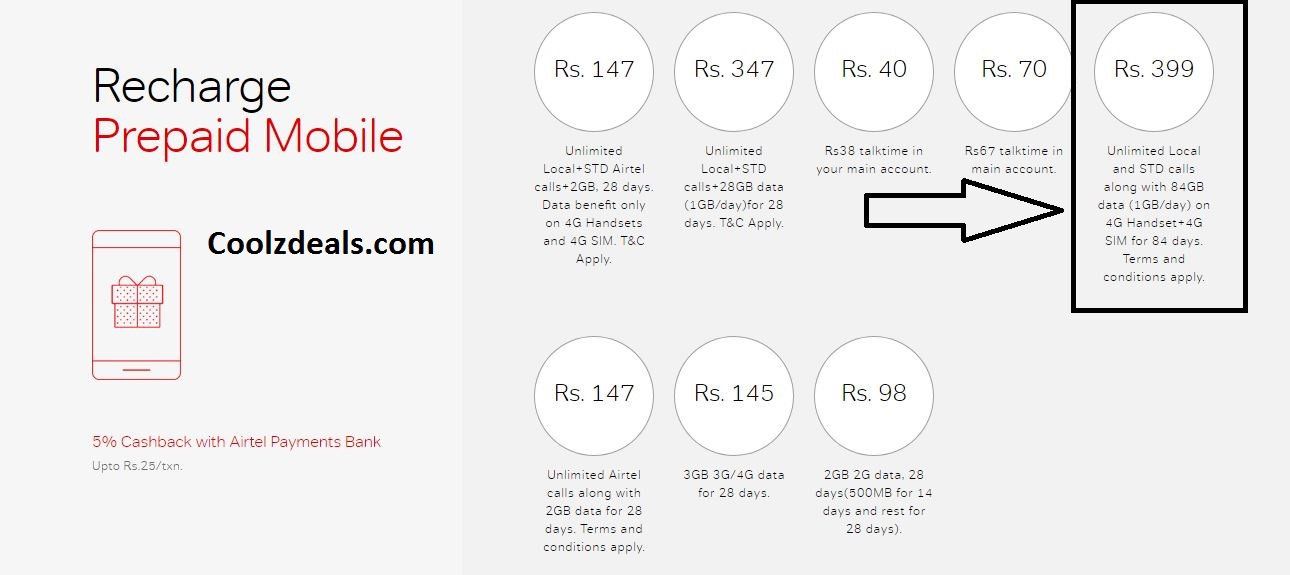 Airtel 399 Plan - Daily 1 GB 4G data + Unlimited Calling For 84 Days