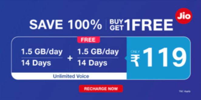 Cheapest Plan With Daily Data - JIO 119 plan : 1.5GB/Day | 28Days